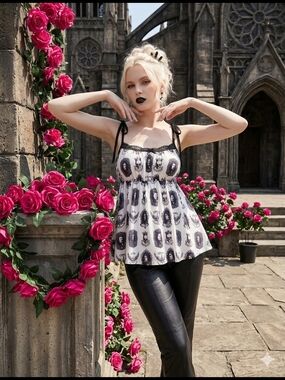 Black & White Portrait-Print Tie-Strap Camisole